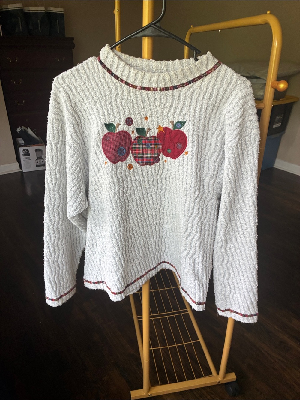 Cream Girls' Knit Sweater with Red Apple Appliqués